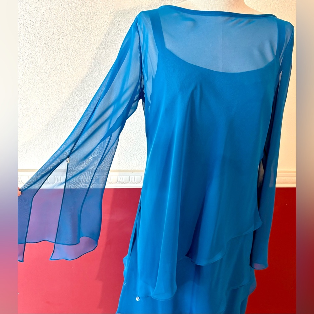 Vintage Cattiva tiered chiffon 2-piece bateau neck dress in teal blue - Picture 5 of 15